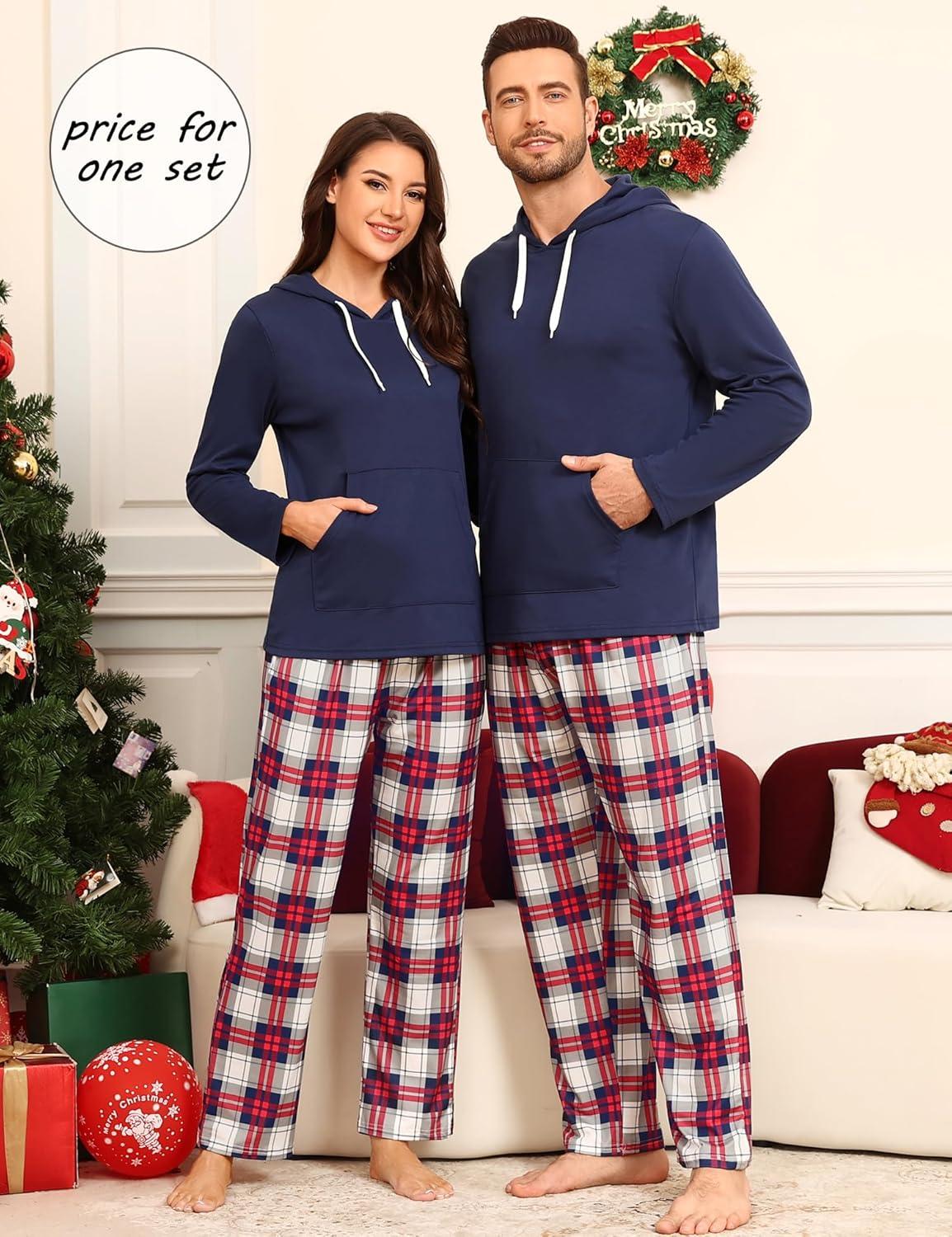 imageSWOMOG Couples Christmas Matching Pajamas Set Women amp Men Long Sleeve Sleepwear Hooded Top Plaid Pants Pjs with PocketsNavy Blue