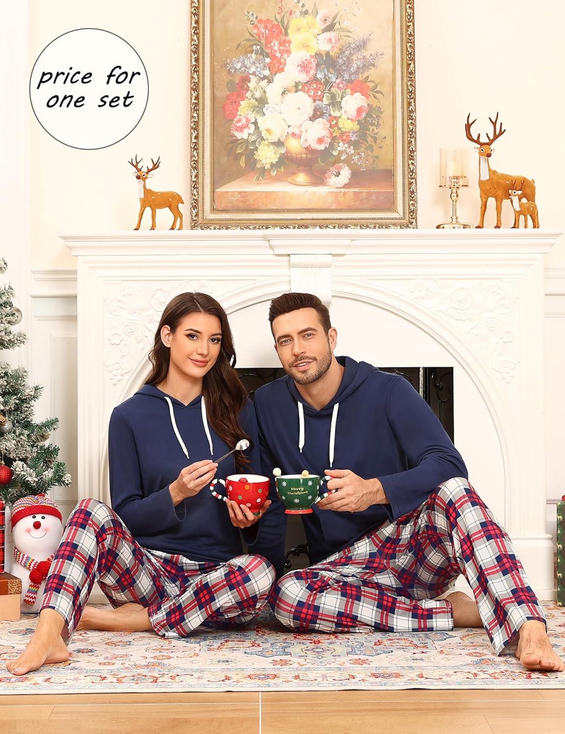 imageSWOMOG Couples Christmas Matching Pajamas Set Women amp Men Long Sleeve Sleepwear Hooded Top Plaid Pants Pjs with PocketsNavy Blue