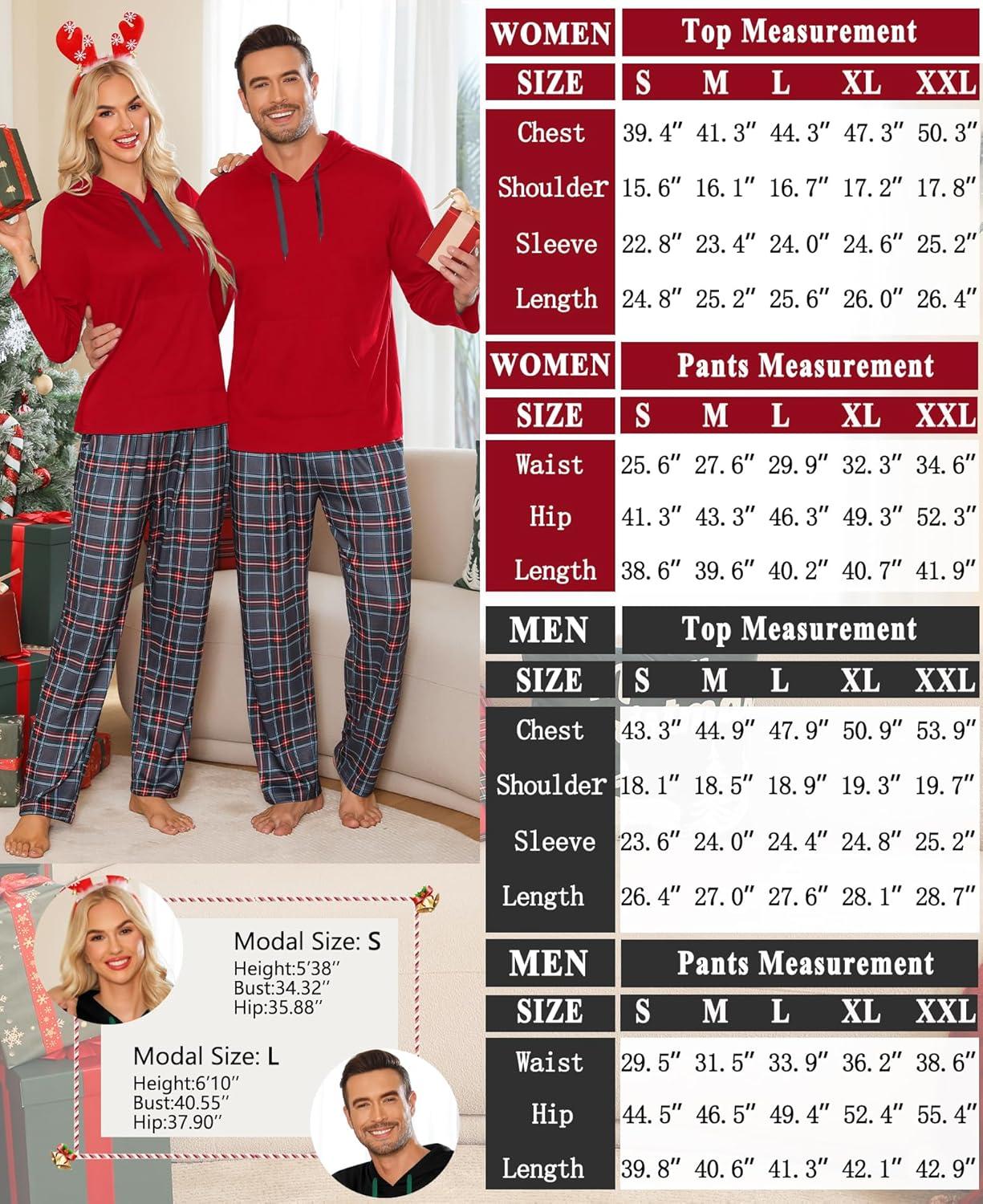 imageSWOMOG Couples Christmas Matching Pajamas Set Women amp Men Long Sleeve Sleepwear Hooded Top Plaid Pants Pjs with PocketsRed