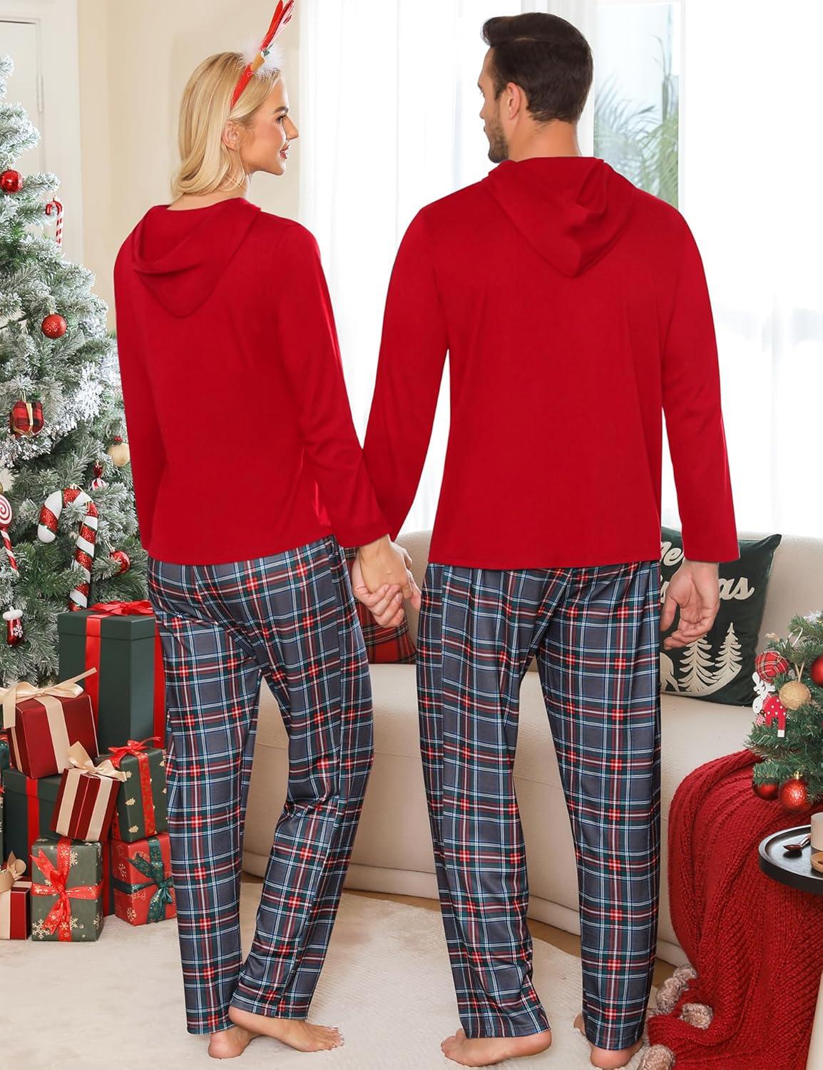 imageSWOMOG Couples Christmas Matching Pajamas Set Women amp Men Long Sleeve Sleepwear Hooded Top Plaid Pants Pjs with PocketsRed