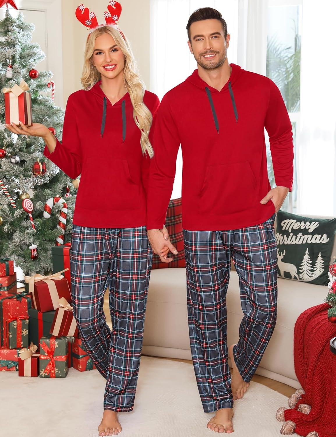 imageSWOMOG Couples Christmas Matching Pajamas Set Women amp Men Long Sleeve Sleepwear Hooded Top Plaid Pants Pjs with PocketsRed