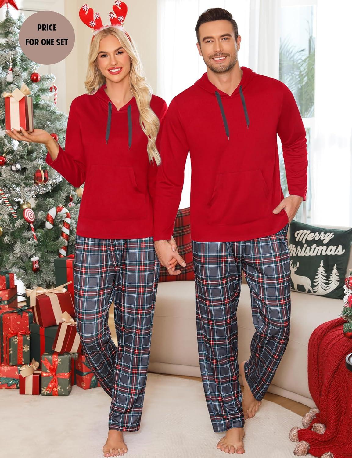 imageSWOMOG Couples Christmas Matching Pajamas Set Women amp Men Long Sleeve Sleepwear Hooded Top Plaid Pants Pjs with PocketsRed