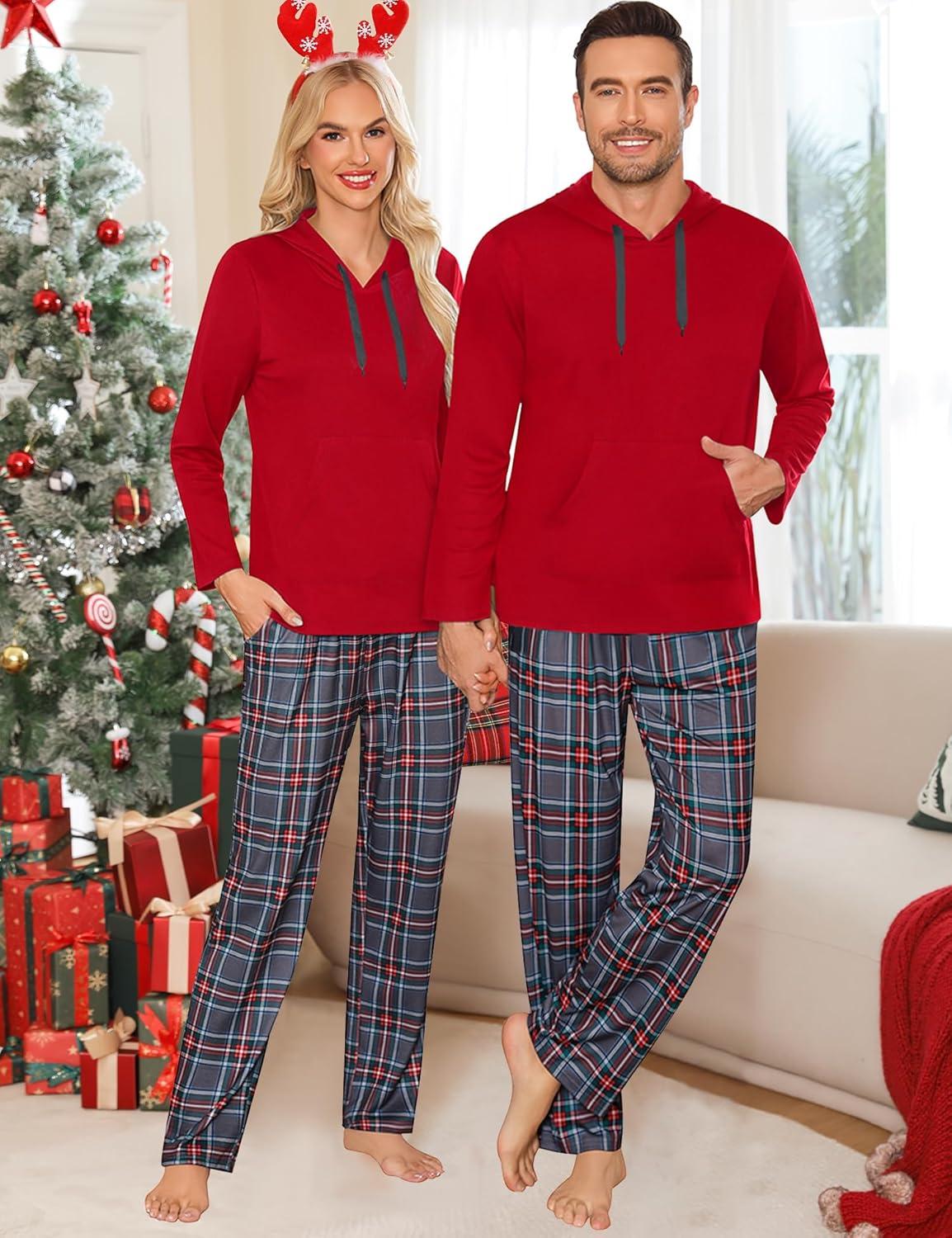 imageSWOMOG Couples Christmas Matching Pajamas Set Women amp Men Long Sleeve Sleepwear Hooded Top Plaid Pants Pjs with PocketsRed