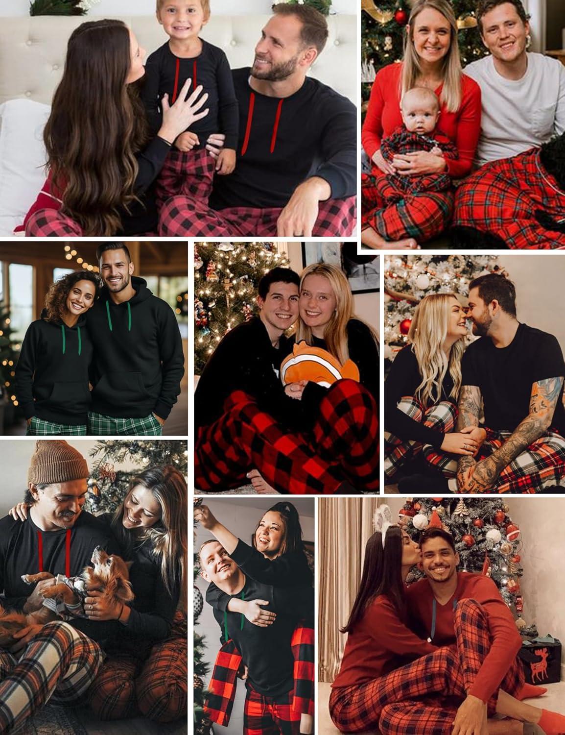 imageSWOMOG Couples Christmas Matching Pajamas Set Women amp Men Long Sleeve Sleepwear Hooded Top Plaid Pants Pjs with PocketsRed