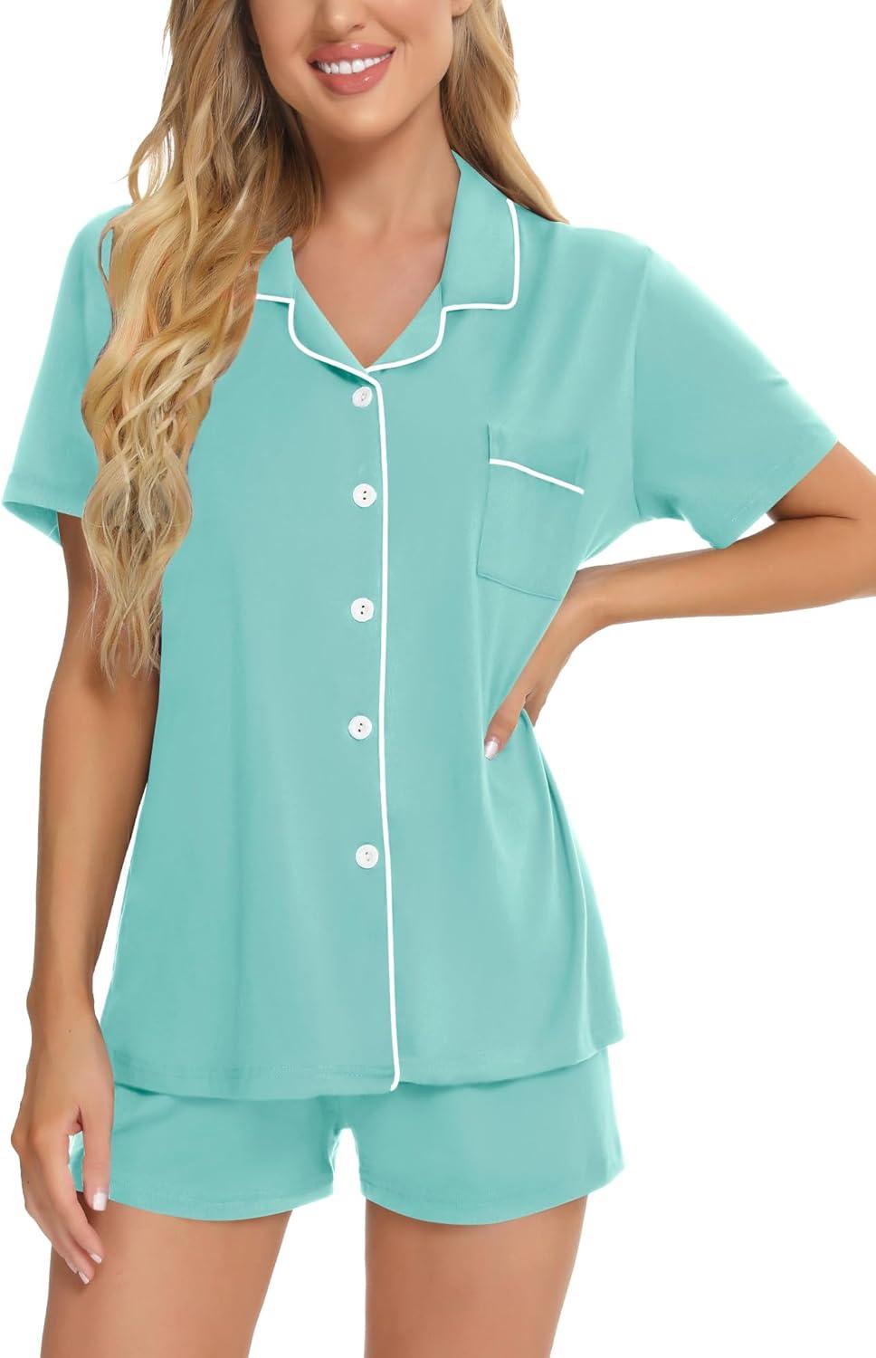 imageSWOMOG Womens Button Down Pajamas Set Short Sleeve Sleepwear Bride Soft Pj Lounge Sets XS3XLAqua Green