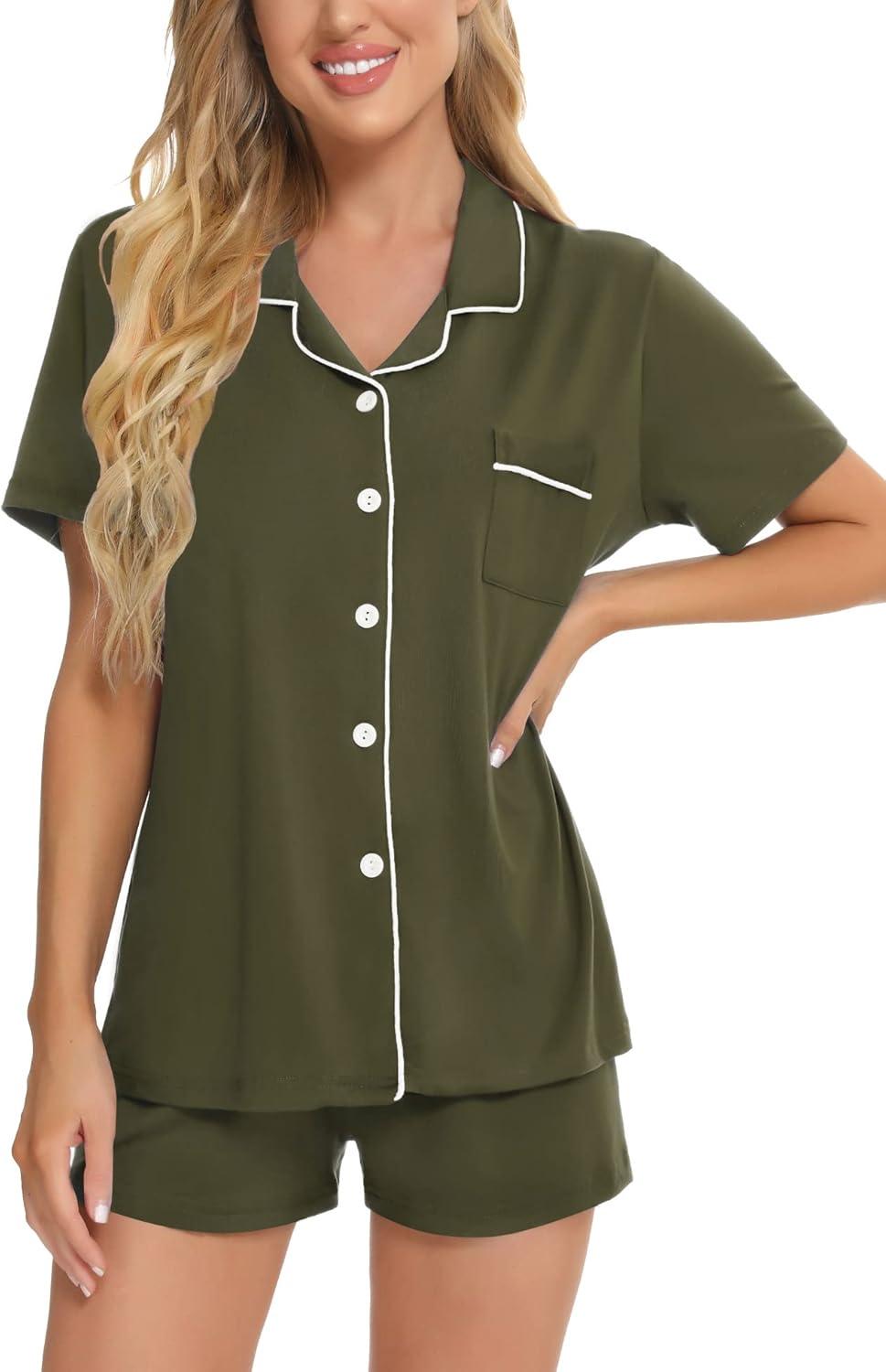 imageSWOMOG Womens Button Down Pajamas Set Short Sleeve Sleepwear Bride Soft Pj Lounge Sets XS3XLArmy Green