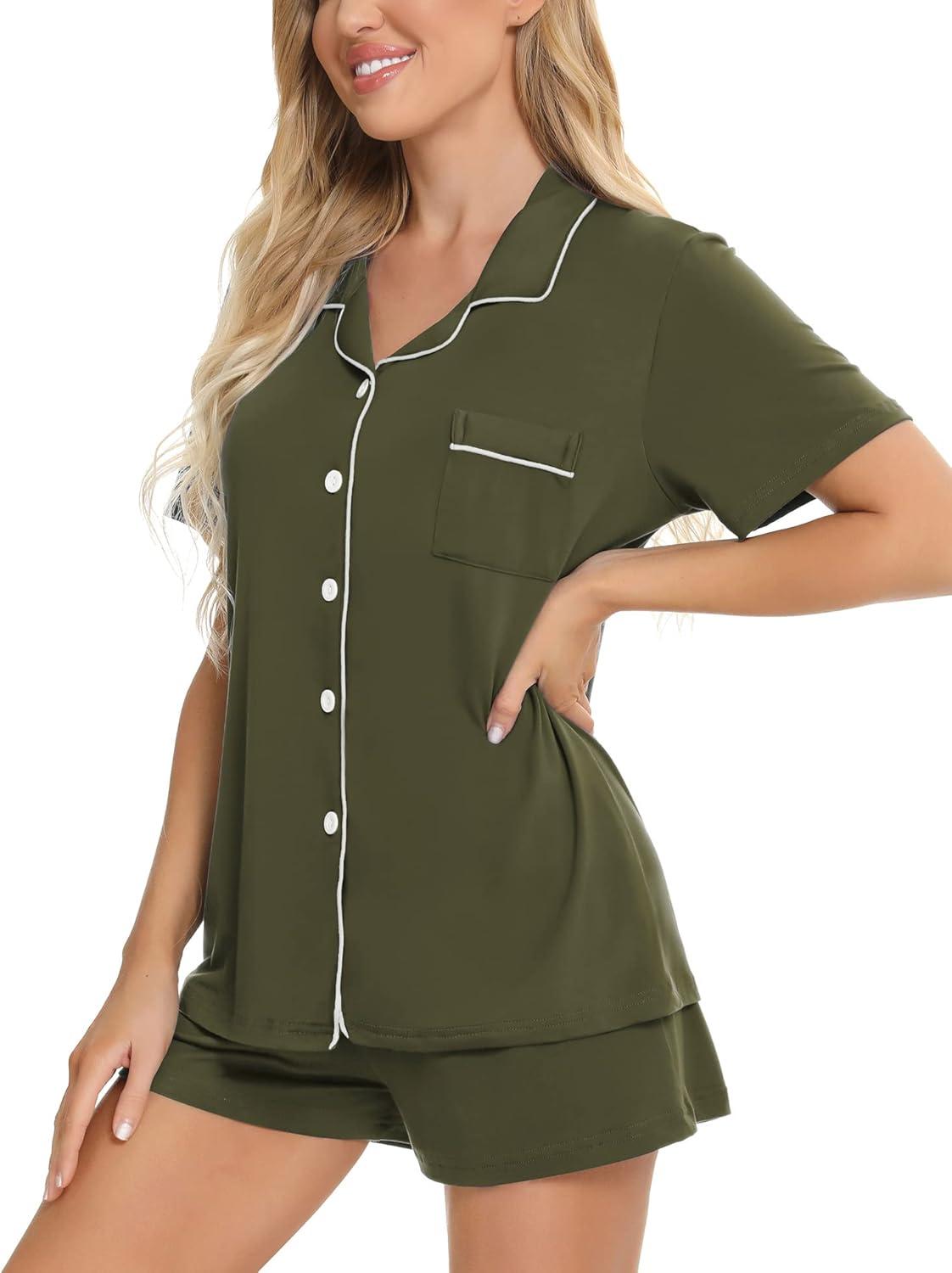 imageSWOMOG Womens Button Down Pajamas Set Short Sleeve Sleepwear Bride Soft Pj Lounge Sets XS3XLArmy Green