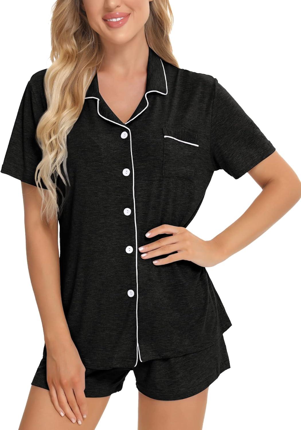 imageSWOMOG Womens Button Down Pajamas Set Short Sleeve Sleepwear Bride Soft Pj Lounge Sets XS3XLBlack Grey