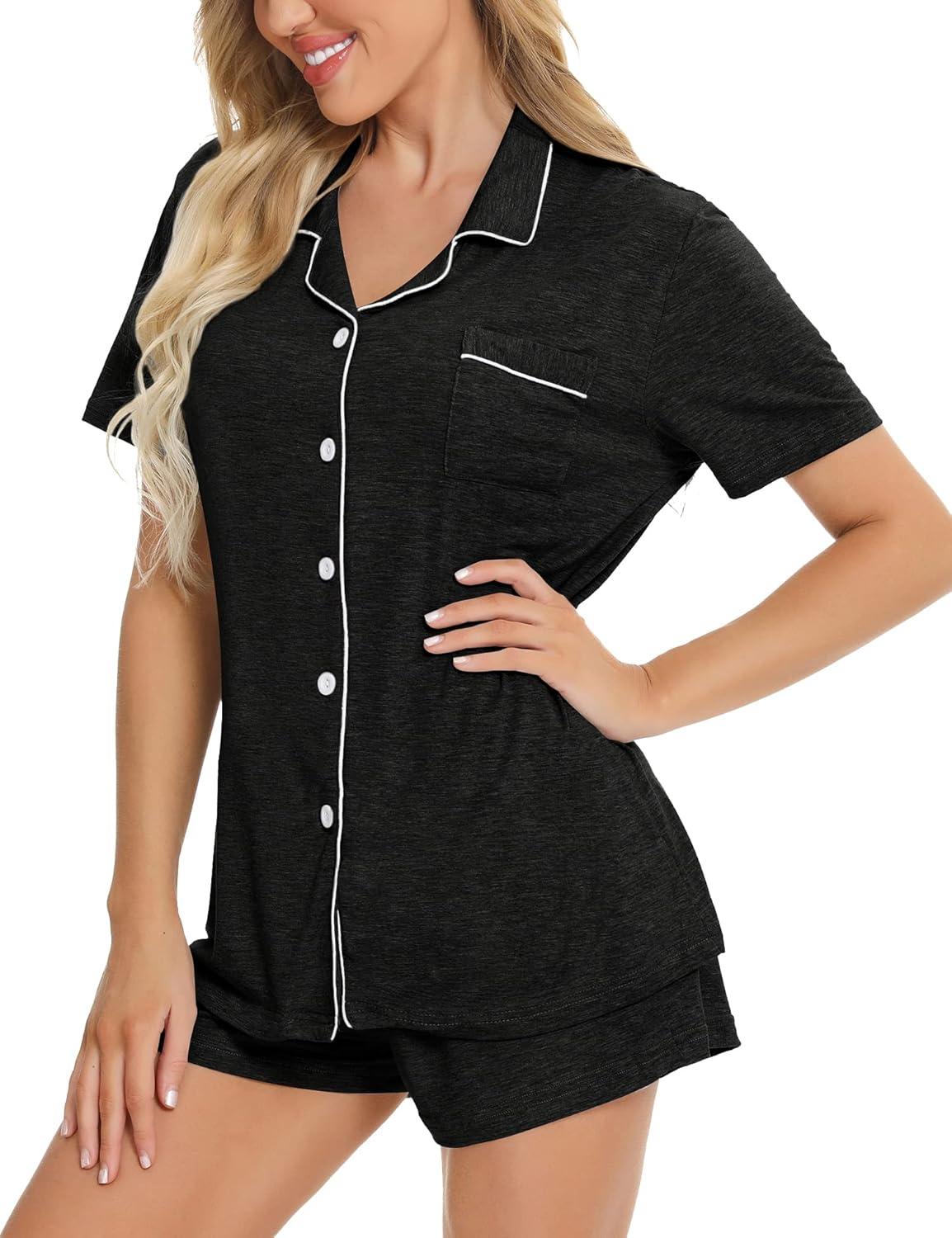 imageSWOMOG Womens Button Down Pajamas Set Short Sleeve Sleepwear Bride Soft Pj Lounge Sets XS3XLBlack Grey