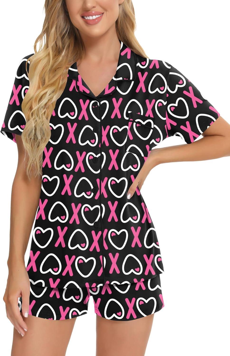 imageSWOMOG Womens Button Down Pajamas Set Short Sleeve Sleepwear Bride Soft Pj Lounge Sets XS3XLBlack Heart