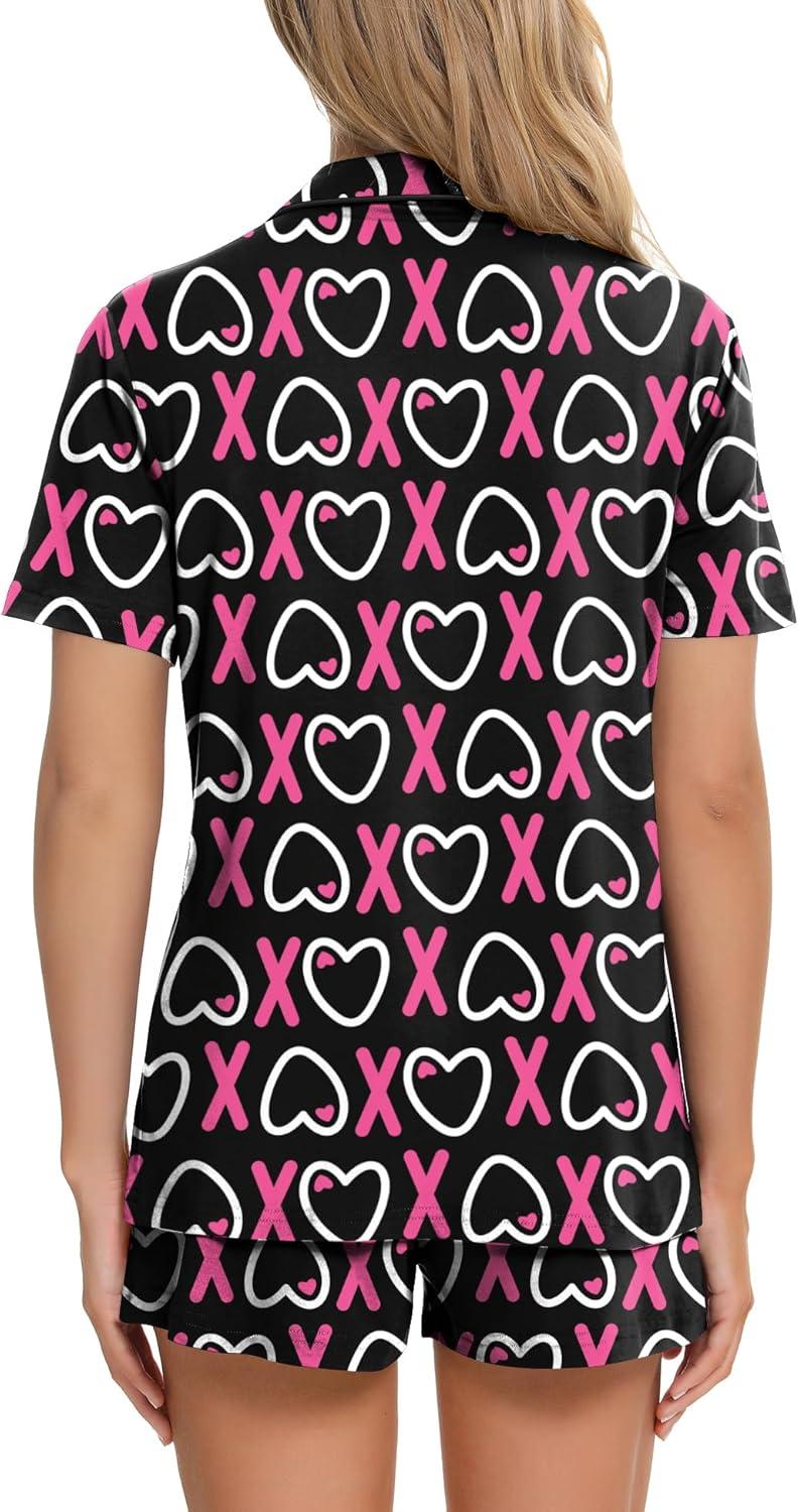 imageSWOMOG Womens Button Down Pajamas Set Short Sleeve Sleepwear Bride Soft Pj Lounge Sets XS3XLBlack Heart