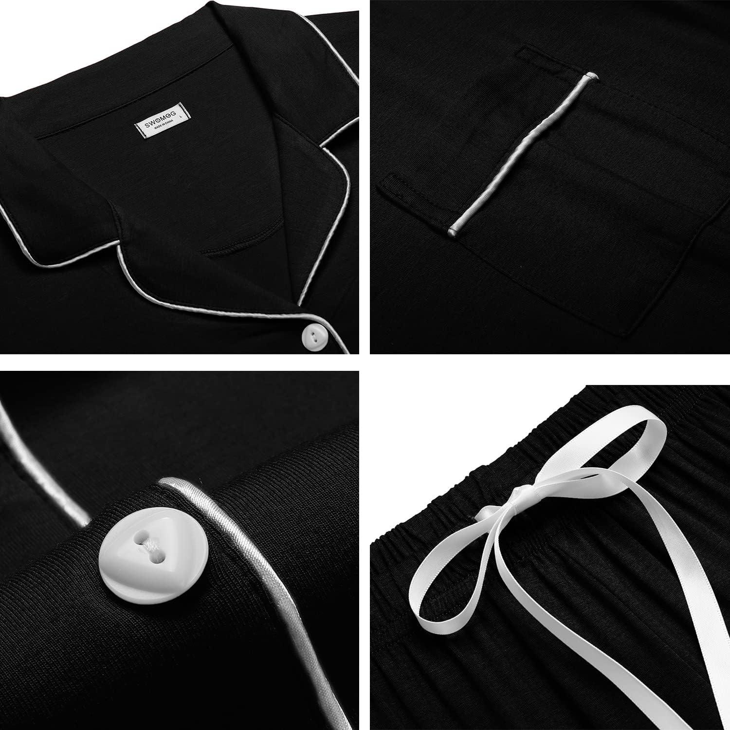 imageSWOMOG Womens Button Down Pajamas Set Short Sleeve Sleepwear Bride Soft Pj Lounge Sets XS3XLBlack Piping Trim