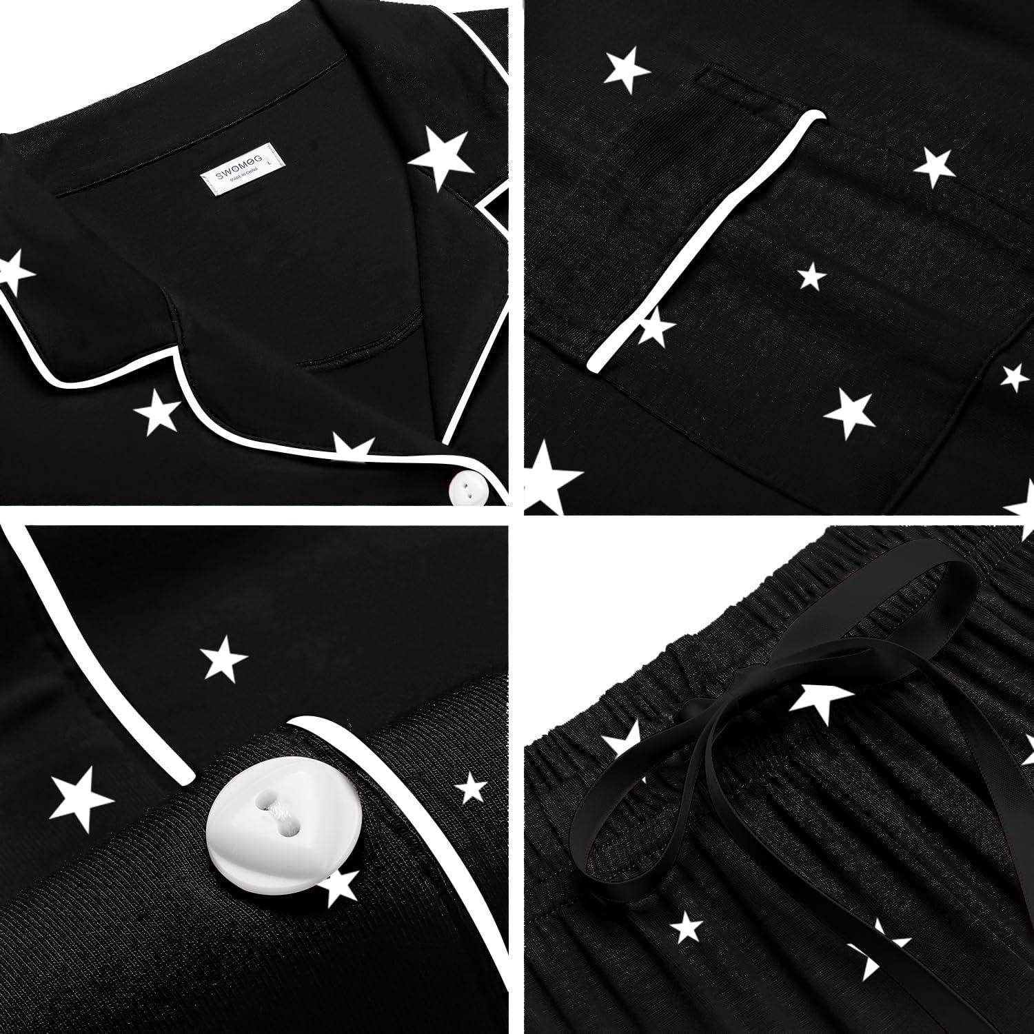 imageSWOMOG Womens Button Down Pajamas Set Short Sleeve Sleepwear Bride Soft Pj Lounge Sets XS3XLBlack Star