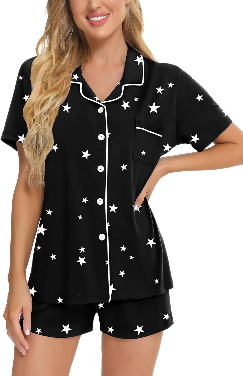 imageSWOMOG Womens Button Down Pajamas Set Short Sleeve Sleepwear Bride Soft Pj Lounge Sets XS3XLBlack Star