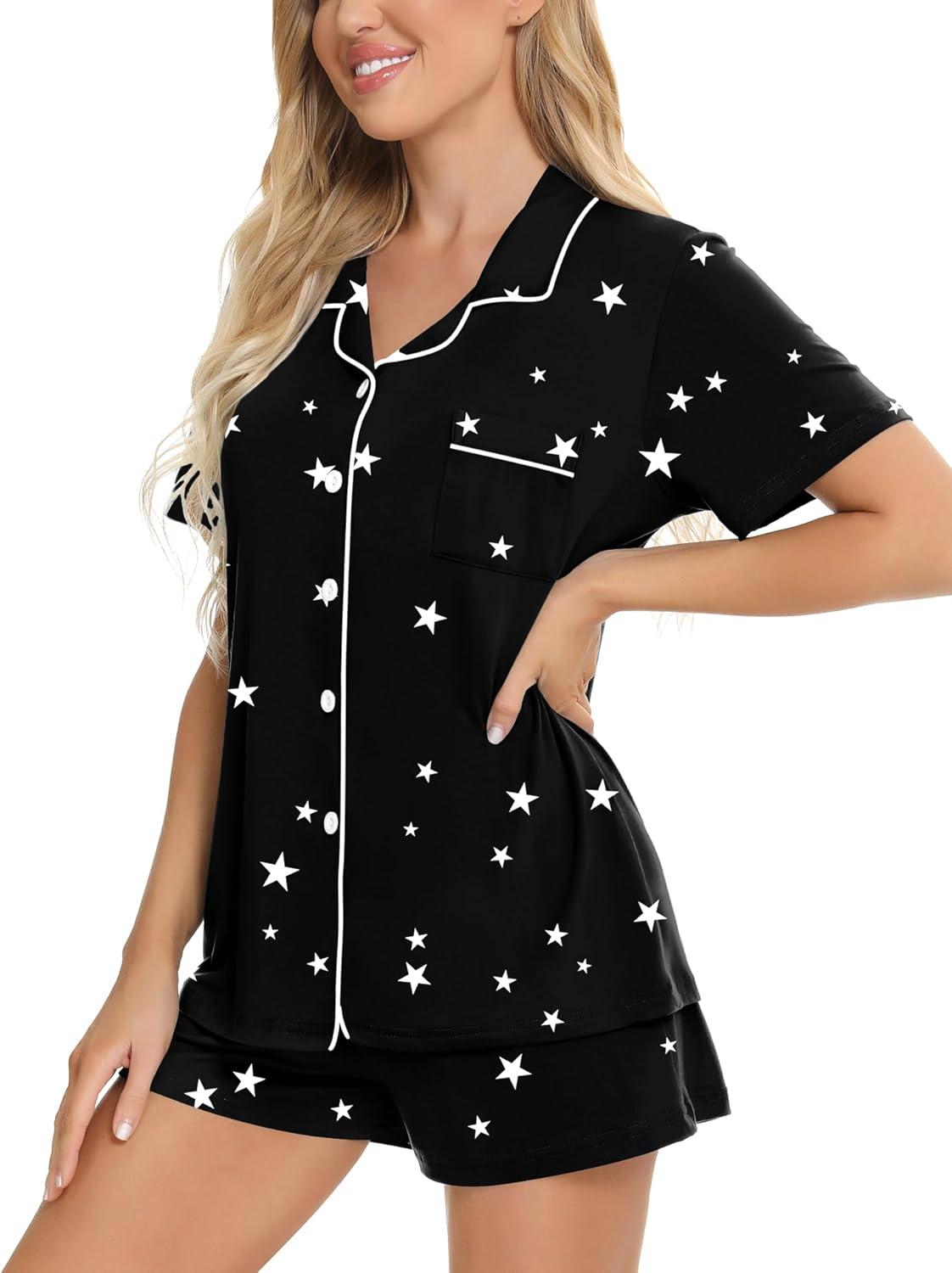 imageSWOMOG Womens Button Down Pajamas Set Short Sleeve Sleepwear Bride Soft Pj Lounge Sets XS3XLBlack Star