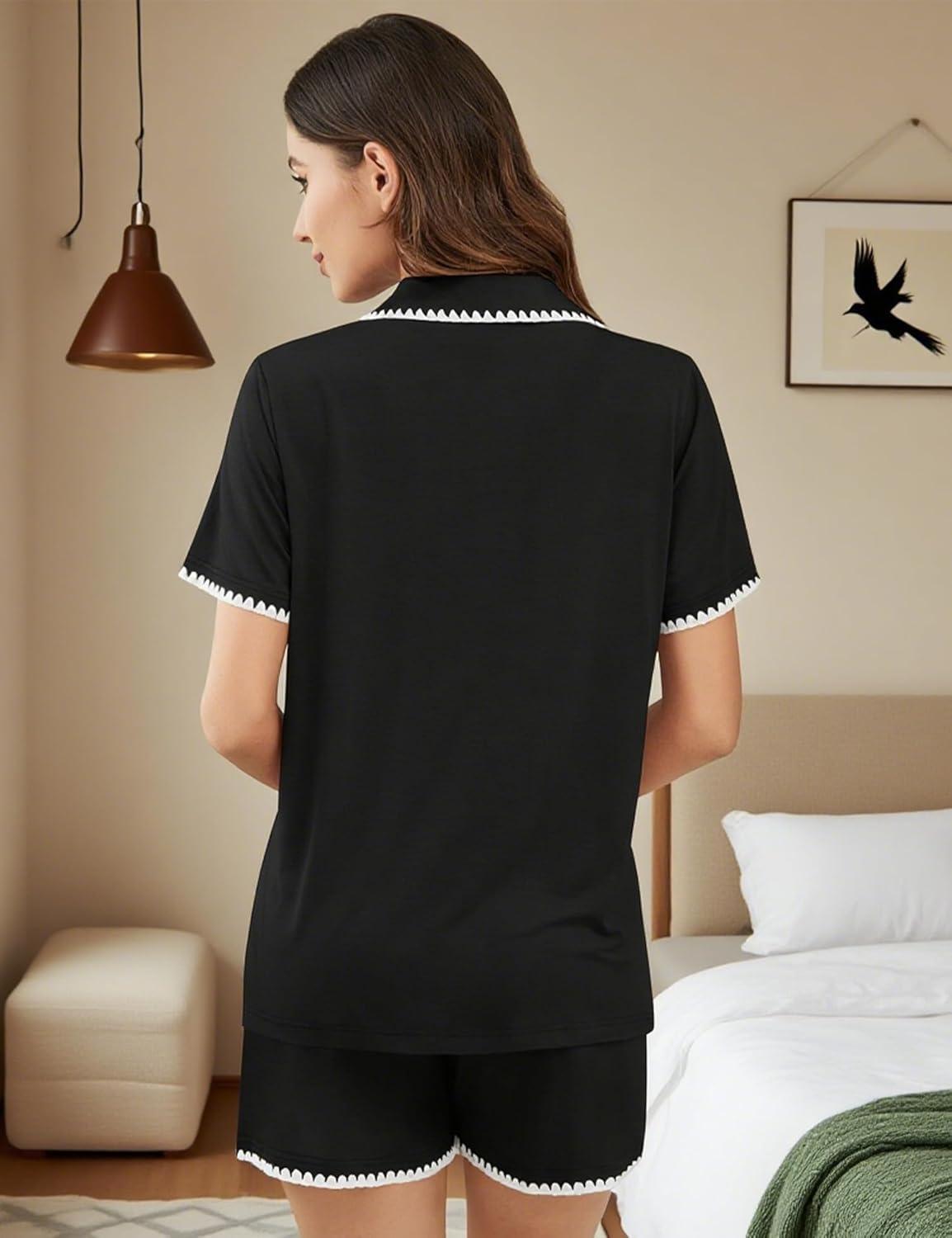 imageSWOMOG Womens Button Down Pajamas Set Short Sleeve Sleepwear Bride Soft Pj Lounge Sets XS3XLBlack With Wavy Trim