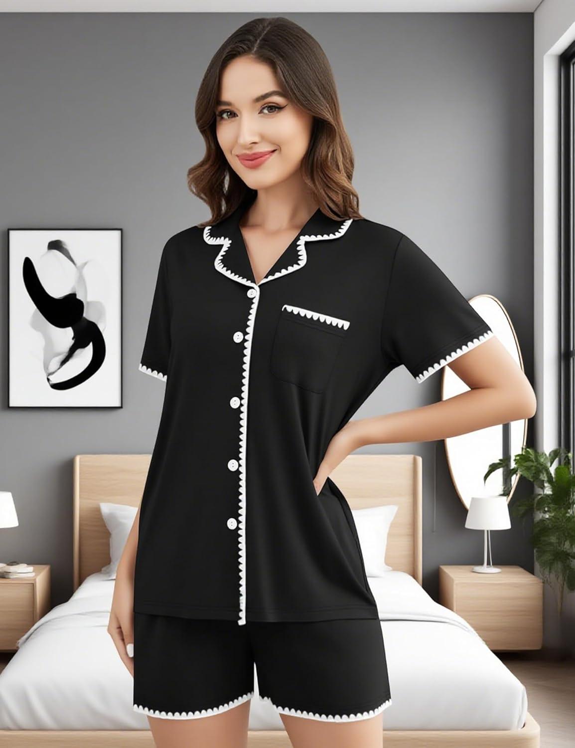 imageSWOMOG Womens Button Down Pajamas Set Short Sleeve Sleepwear Bride Soft Pj Lounge Sets XS3XLBlack With Wavy Trim