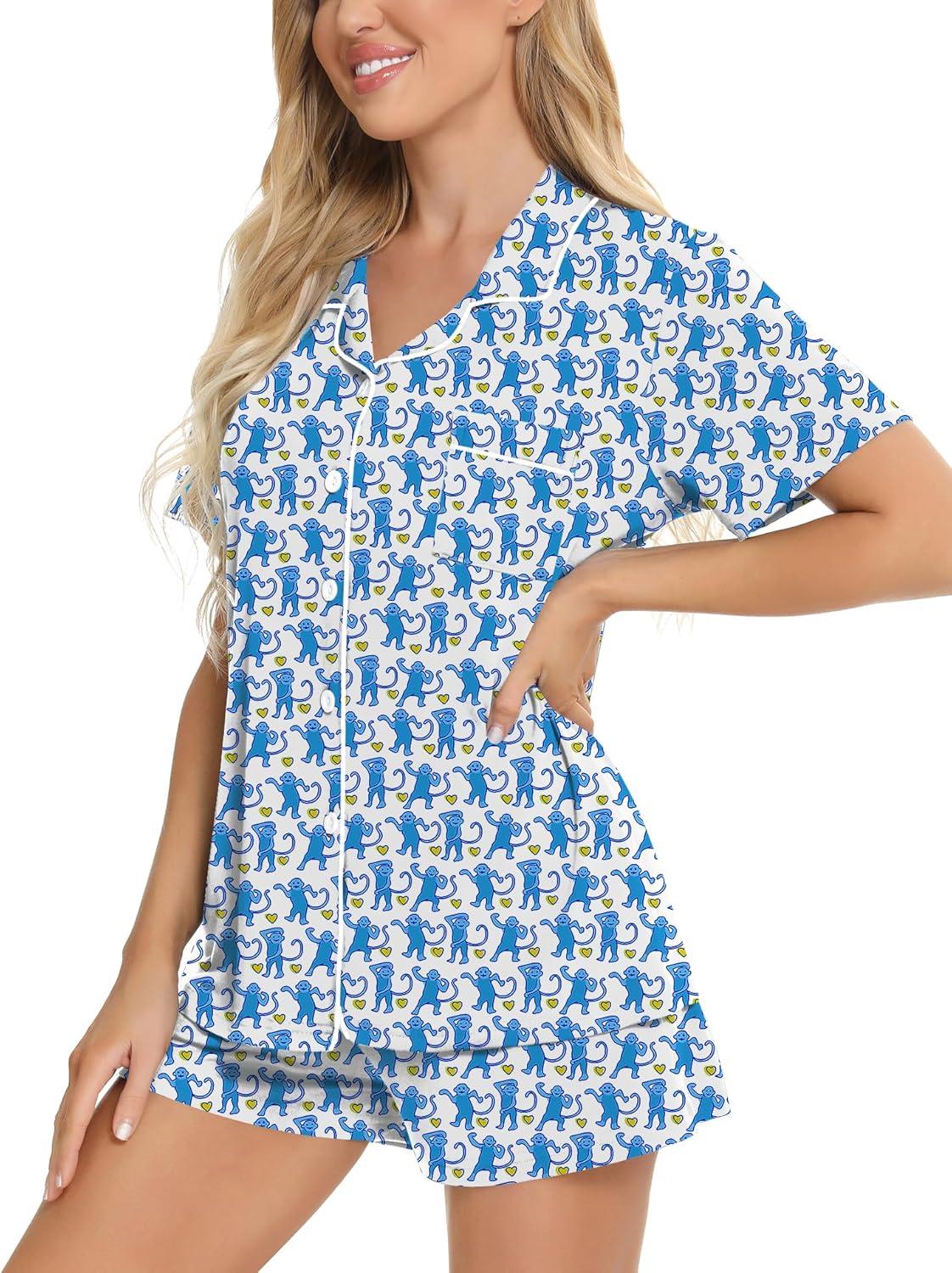 imageSWOMOG Womens Button Down Pajamas Set Short Sleeve Sleepwear Bride Soft Pj Lounge Sets XS3XLBlue Monkey