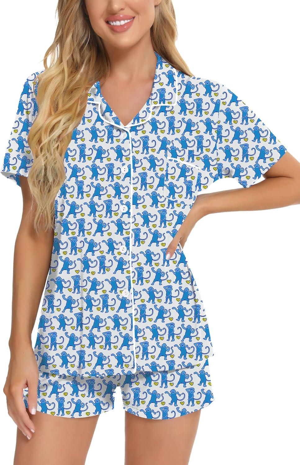 imageSWOMOG Womens Button Down Pajamas Set Short Sleeve Sleepwear Bride Soft Pj Lounge Sets XS3XLBlue Monkey