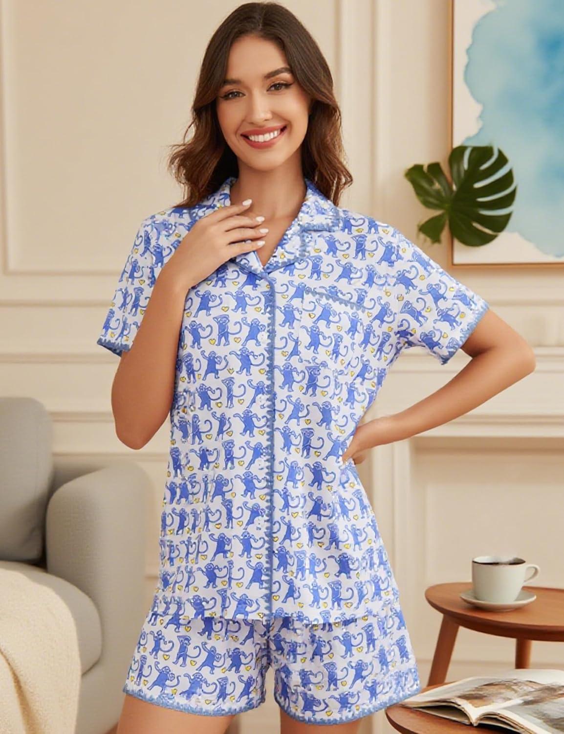 imageSWOMOG Womens Button Down Pajamas Set Short Sleeve Sleepwear Bride Soft Pj Lounge Sets XS3XLBlue Monkey With Wavy Trim