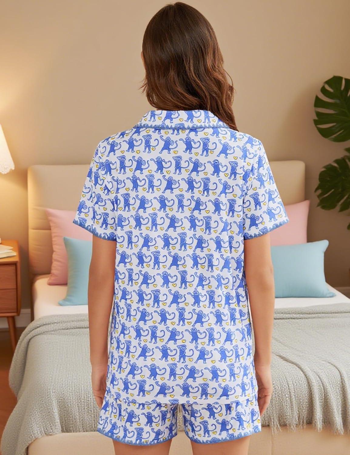 imageSWOMOG Womens Button Down Pajamas Set Short Sleeve Sleepwear Bride Soft Pj Lounge Sets XS3XLBlue Monkey With Wavy Trim