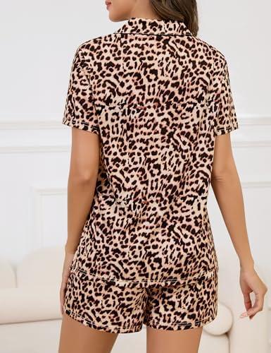 imageSWOMOG Womens Button Down Pajamas Set Short Sleeve Sleepwear Bride Soft Pj Lounge Sets XS3XLBrown Leopard