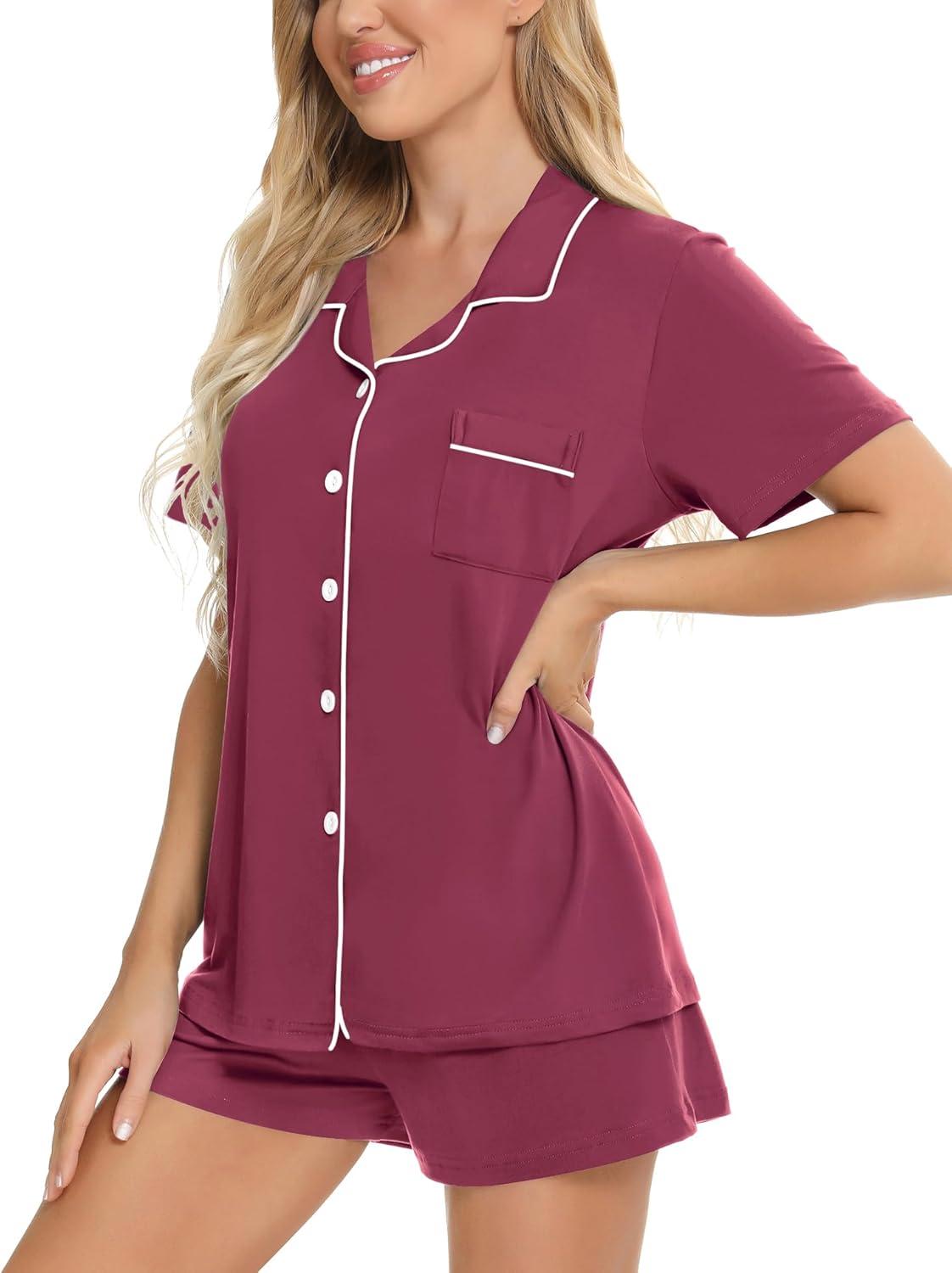 imageSWOMOG Womens Button Down Pajamas Set Short Sleeve Sleepwear Bride Soft Pj Lounge Sets XS3XLBurgundy