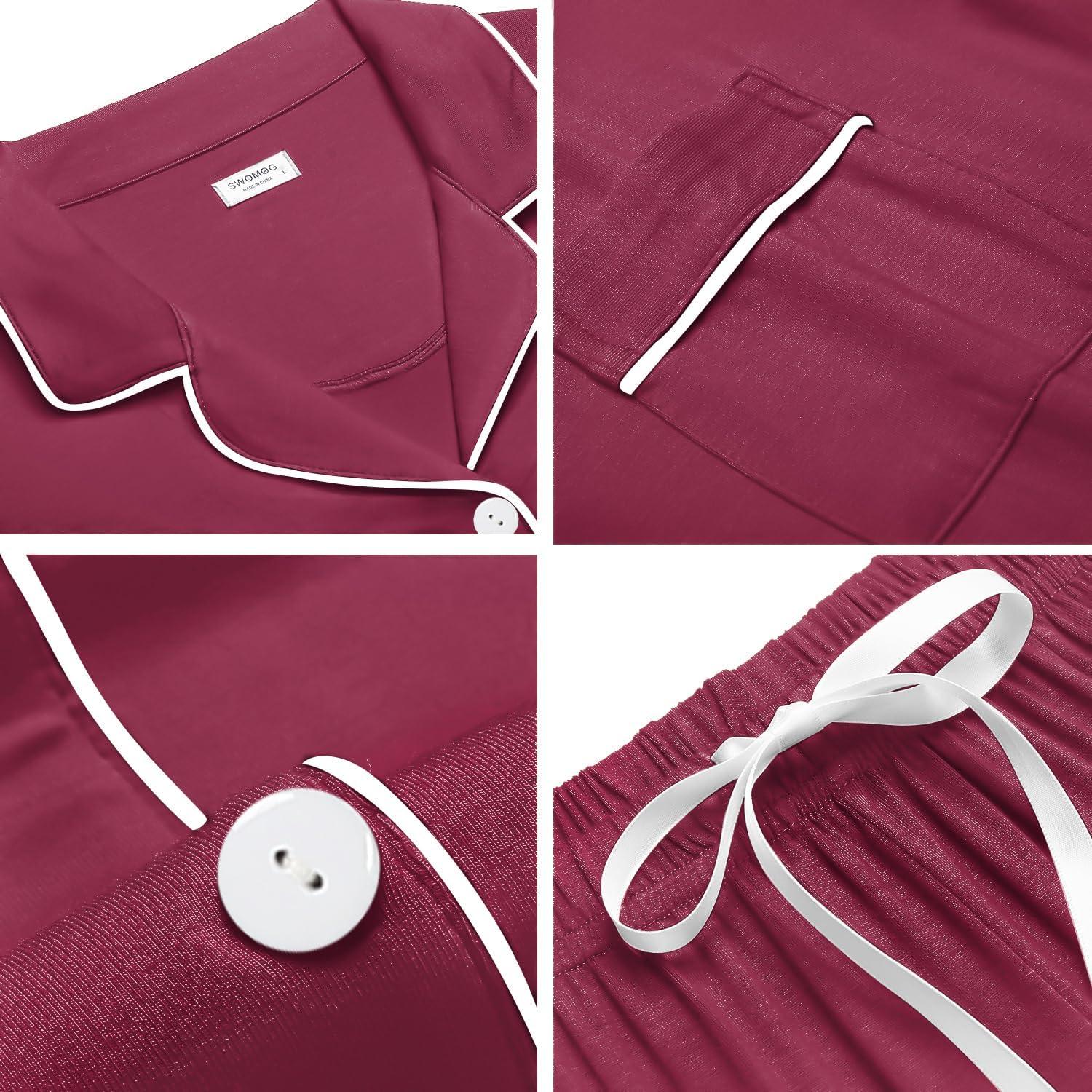 imageSWOMOG Womens Button Down Pajamas Set Short Sleeve Sleepwear Bride Soft Pj Lounge Sets XS3XLBurgundy
