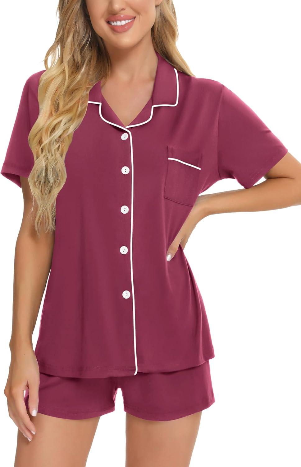 imageSWOMOG Womens Button Down Pajamas Set Short Sleeve Sleepwear Bride Soft Pj Lounge Sets XS3XLBurgundy
