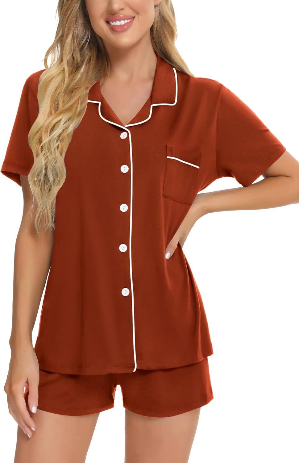 imageSWOMOG Womens Button Down Pajamas Set Short Sleeve Sleepwear Bride Soft Pj Lounge Sets XS3XLCaremel