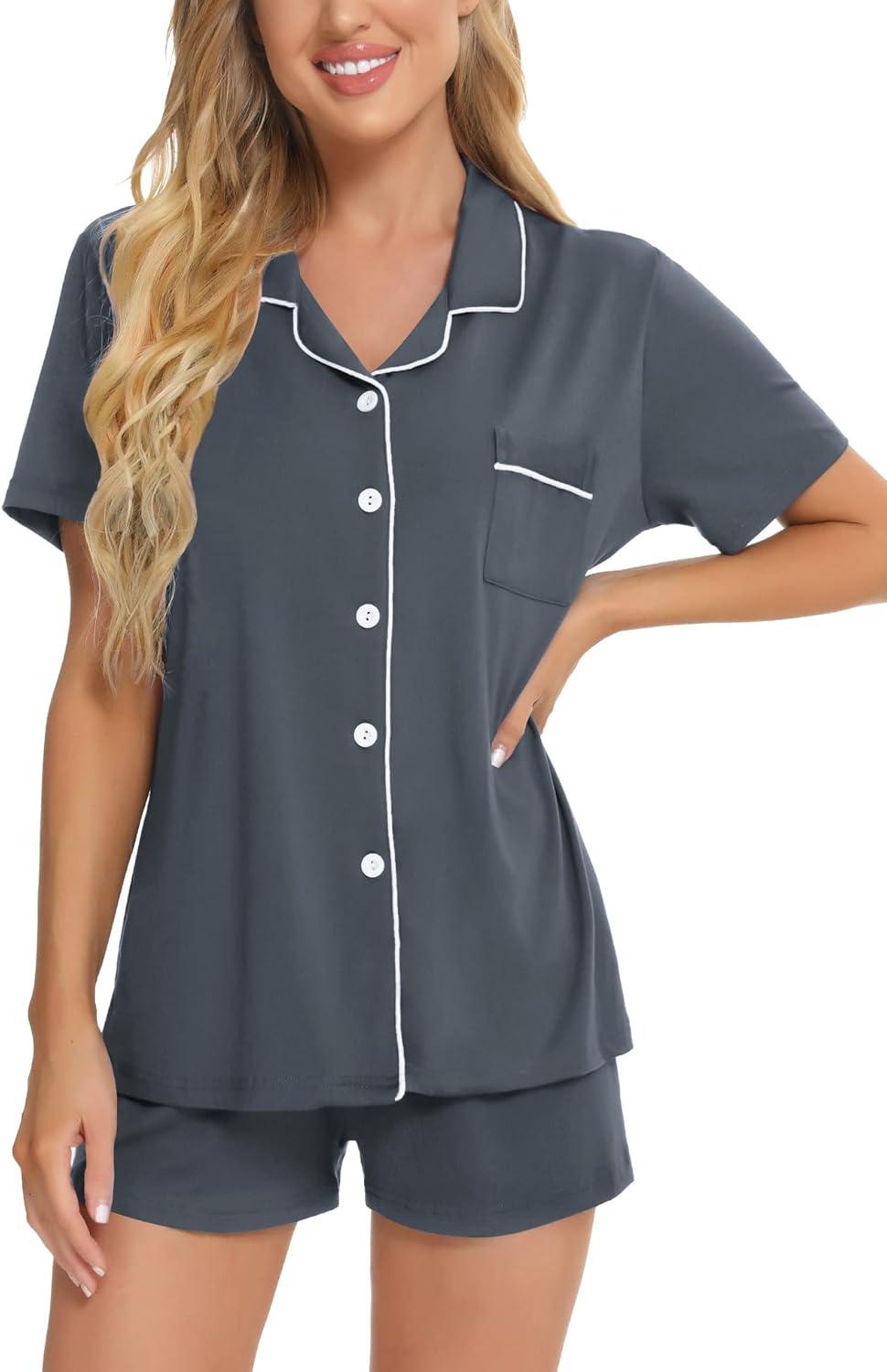 imageSWOMOG Womens Button Down Pajamas Set Short Sleeve Sleepwear Bride Soft Pj Lounge Sets XS3XLCharcoal
