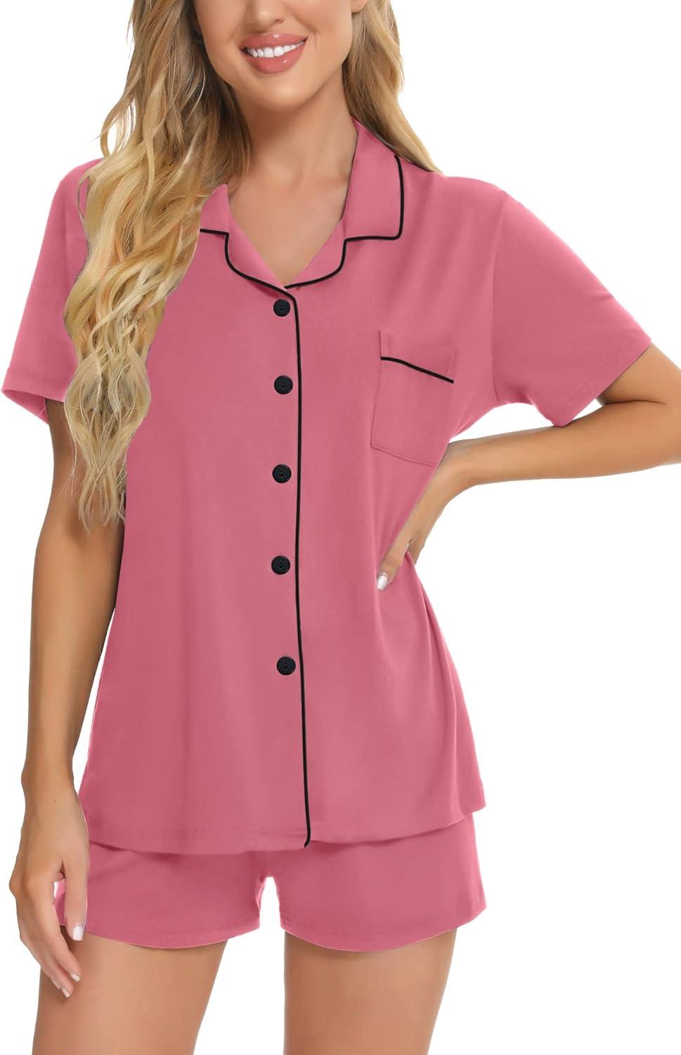 imageSWOMOG Womens Button Down Pajamas Set Short Sleeve Sleepwear Bride Soft Pj Lounge Sets XS3XLCoral