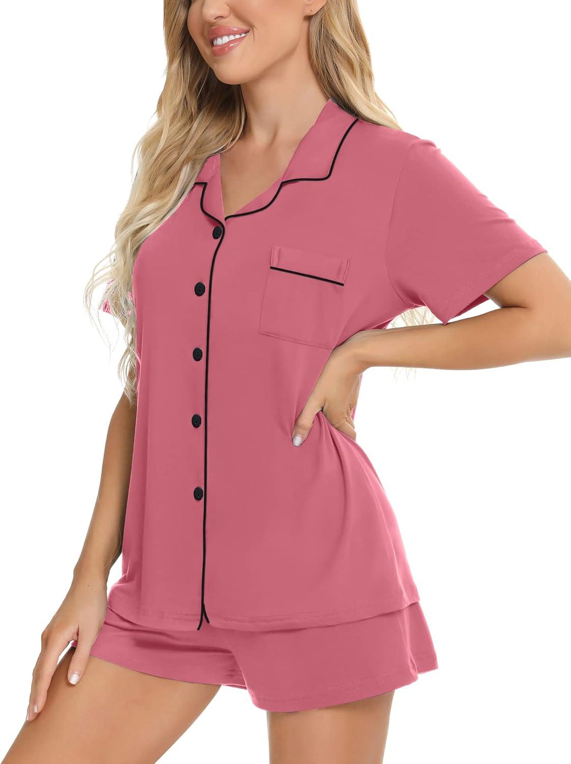 imageSWOMOG Womens Button Down Pajamas Set Short Sleeve Sleepwear Bride Soft Pj Lounge Sets XS3XLCoral