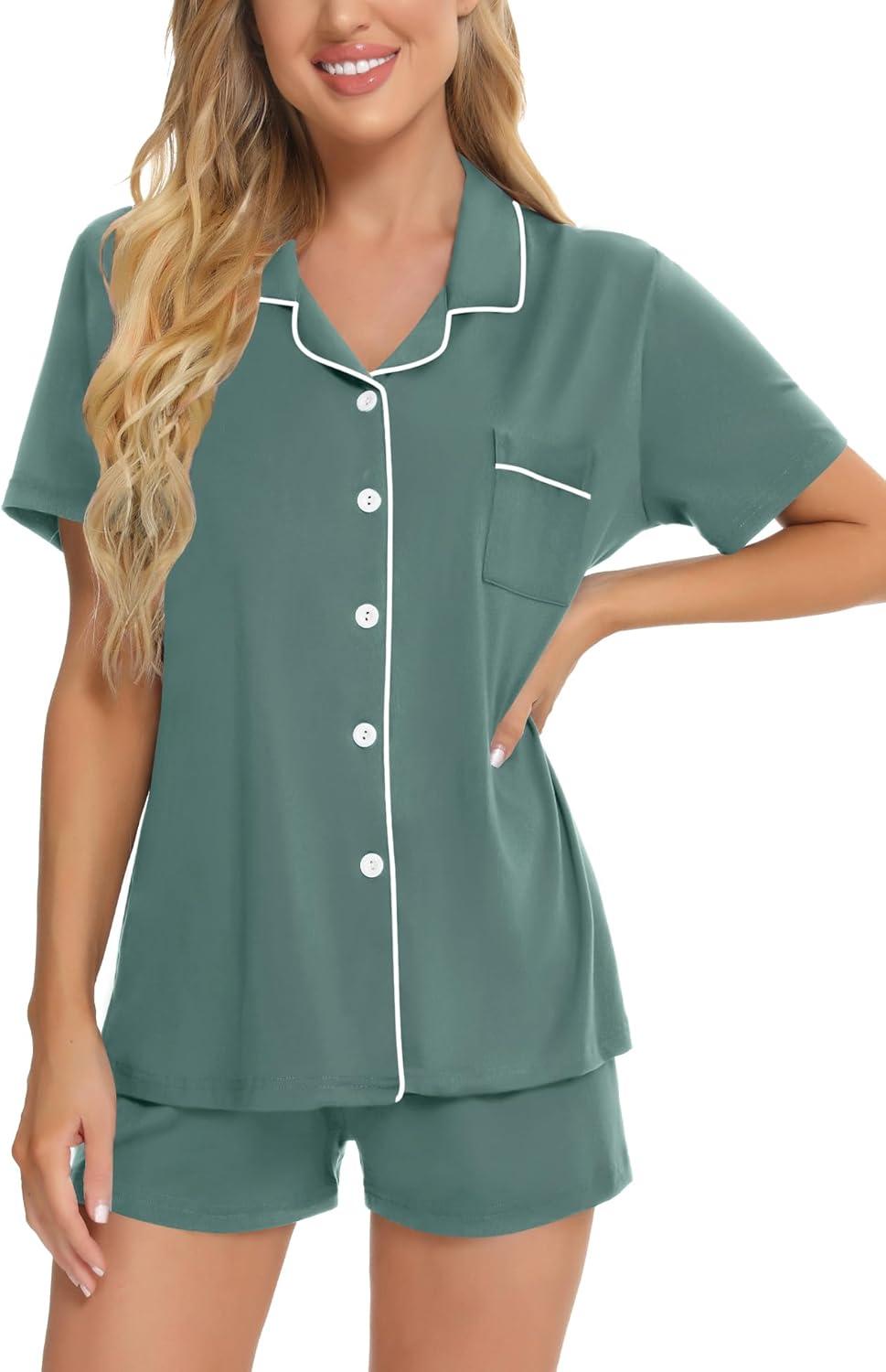 imageSWOMOG Womens Button Down Pajamas Set Short Sleeve Sleepwear Bride Soft Pj Lounge Sets XS3XLDark Green