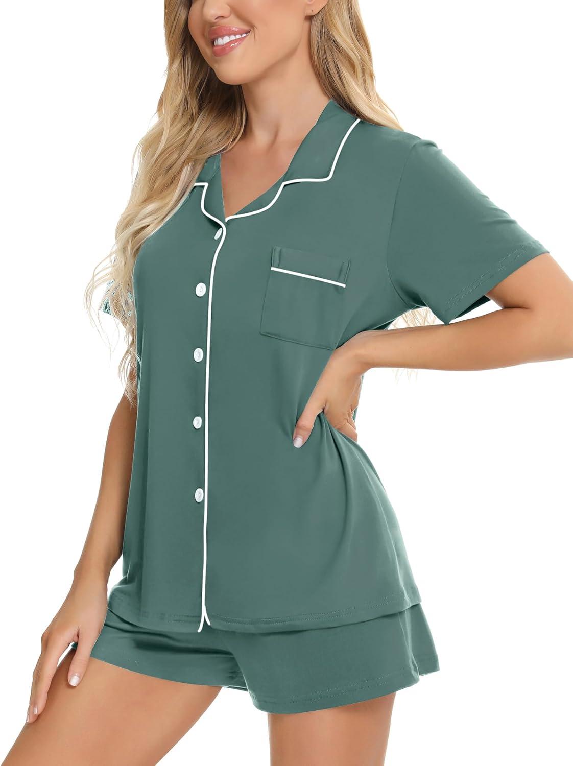 imageSWOMOG Womens Button Down Pajamas Set Short Sleeve Sleepwear Bride Soft Pj Lounge Sets XS3XLDark Green