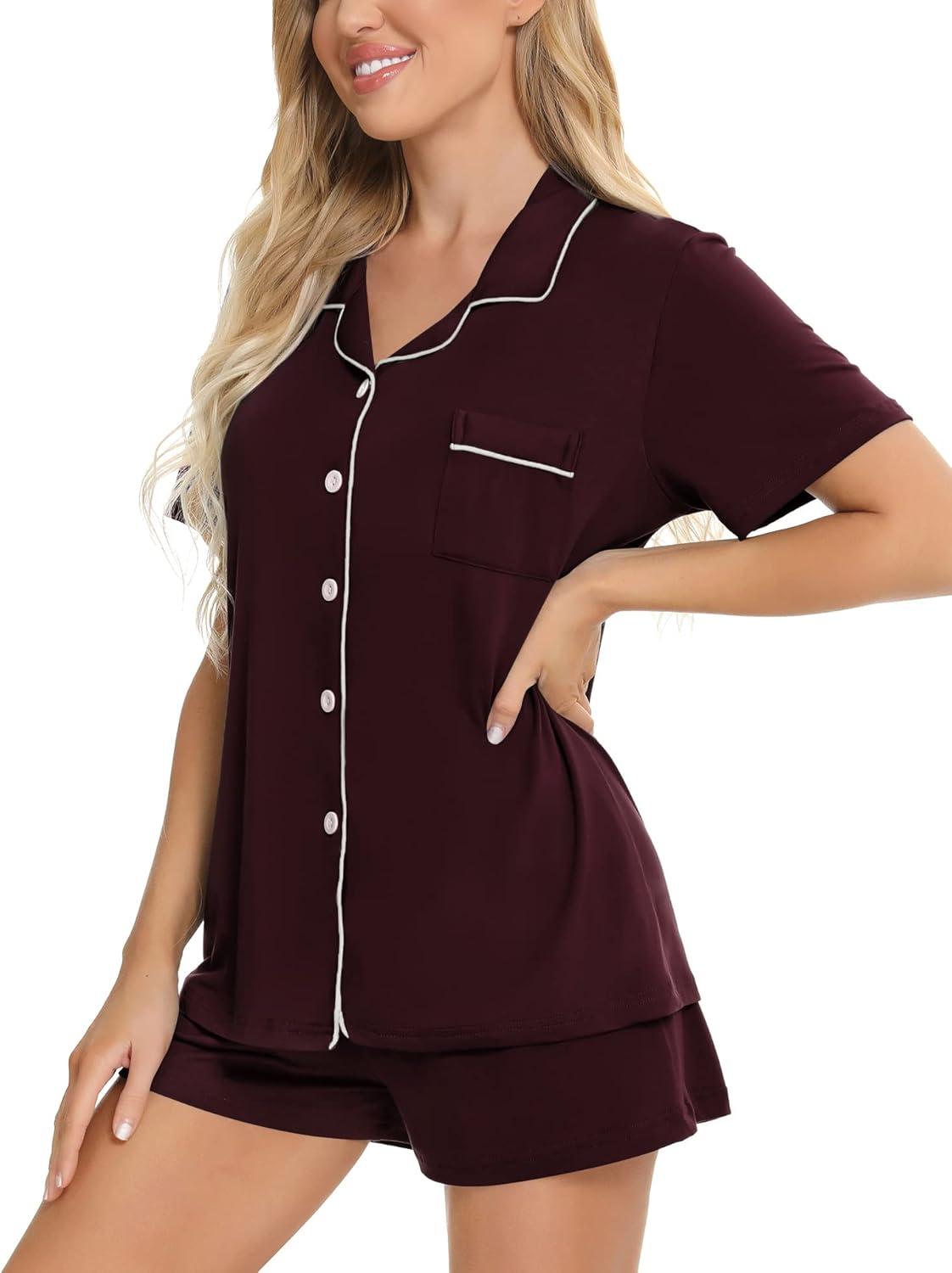 imageSWOMOG Womens Button Down Pajamas Set Short Sleeve Sleepwear Bride Soft Pj Lounge Sets XS3XLDeep Grape Purple