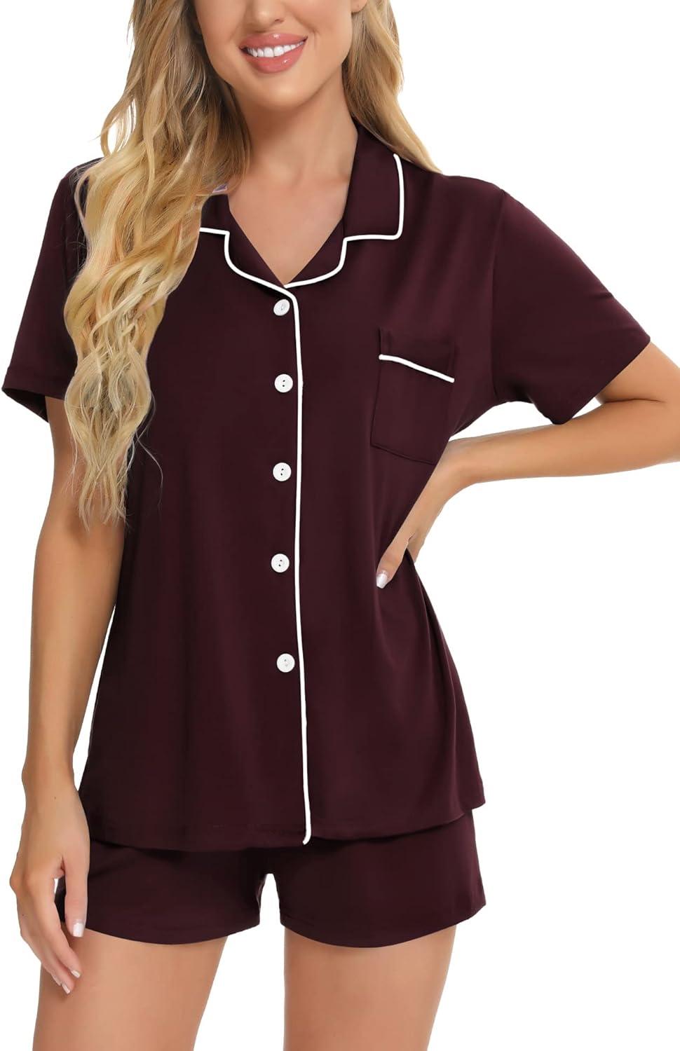 imageSWOMOG Womens Button Down Pajamas Set Short Sleeve Sleepwear Bride Soft Pj Lounge Sets XS3XLDeep Grape Purple