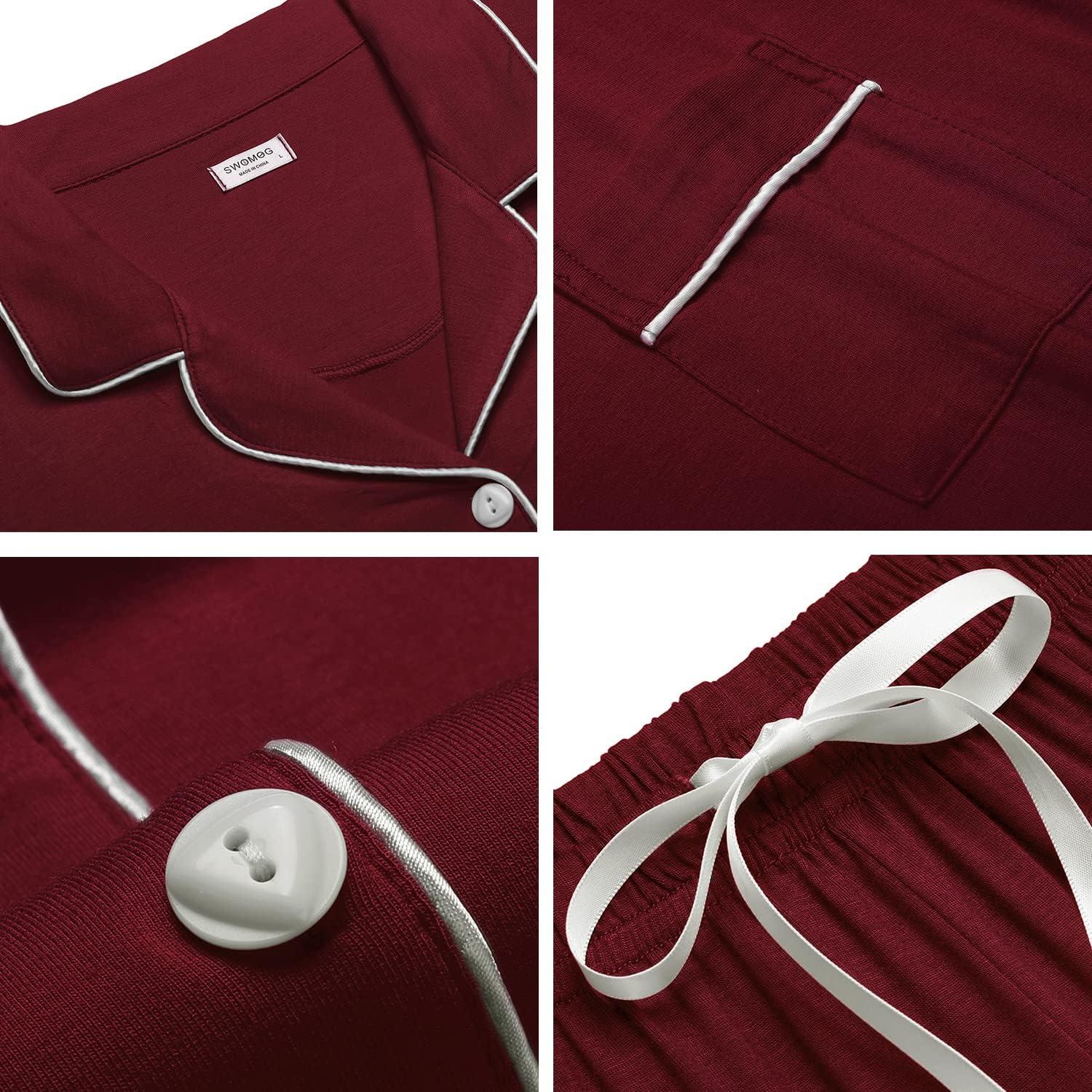 imageSWOMOG Womens Button Down Pajamas Set Short Sleeve Sleepwear Bride Soft Pj Lounge Sets XS3XLDeep Wine Red