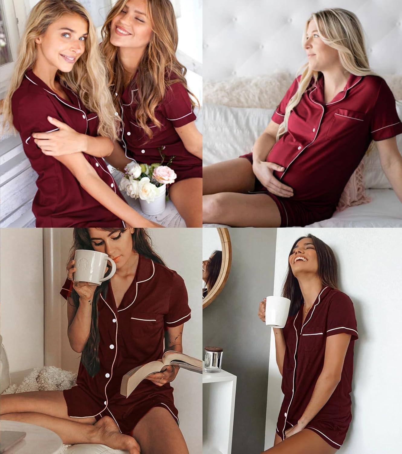 imageSWOMOG Womens Button Down Pajamas Set Short Sleeve Sleepwear Bride Soft Pj Lounge Sets XS3XLDeep Wine Red