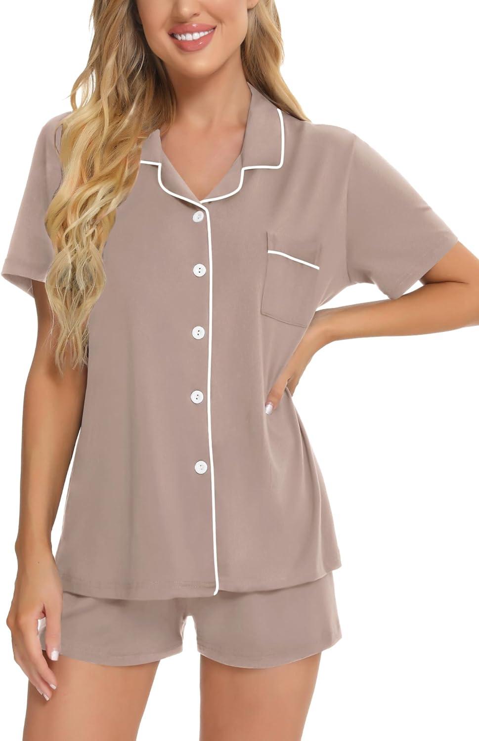 imageSWOMOG Womens Button Down Pajamas Set Short Sleeve Sleepwear Bride Soft Pj Lounge Sets XS3XLEcru
