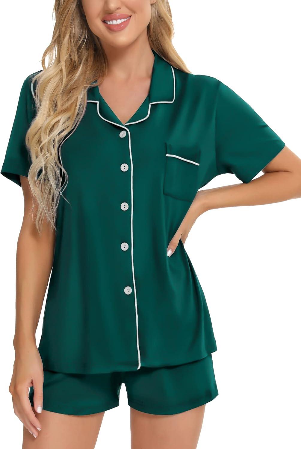 imageSWOMOG Womens Button Down Pajamas Set Short Sleeve Sleepwear Bride Soft Pj Lounge Sets XS3XLGreen