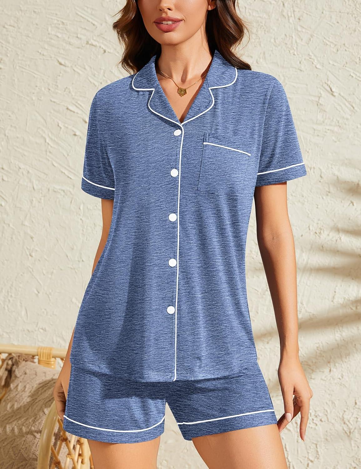 imageSWOMOG Womens Button Down Pajamas Set Short Sleeve Sleepwear Bride Soft Pj Lounge Sets XS3XLHeathered Blue