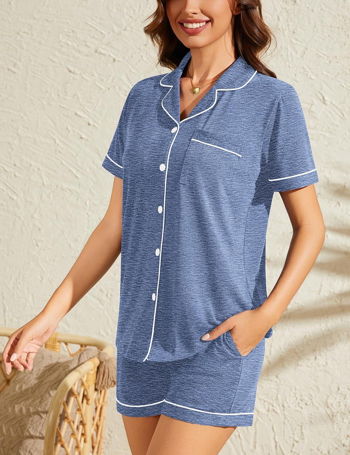 imageSWOMOG Womens Button Down Pajamas Set Short Sleeve Sleepwear Bride Soft Pj Lounge Sets XS3XLHeathered Blue