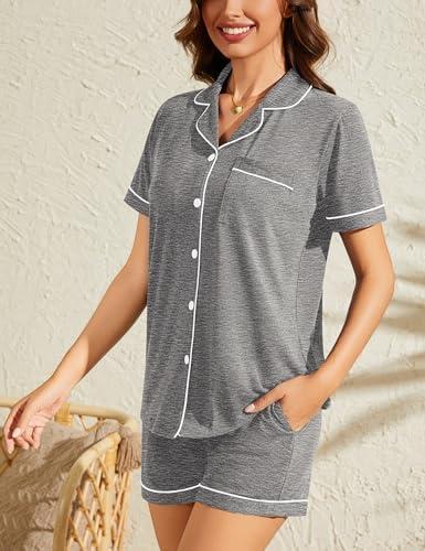 imageSWOMOG Womens Button Down Pajamas Set Short Sleeve Sleepwear Bride Soft Pj Lounge Sets XS3XLHeathered Grey