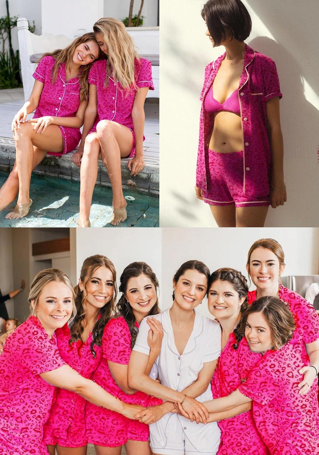 imageSWOMOG Womens Button Down Pajamas Set Short Sleeve Sleepwear Bride Soft Pj Lounge Sets XS3XLHot Pink Leopard