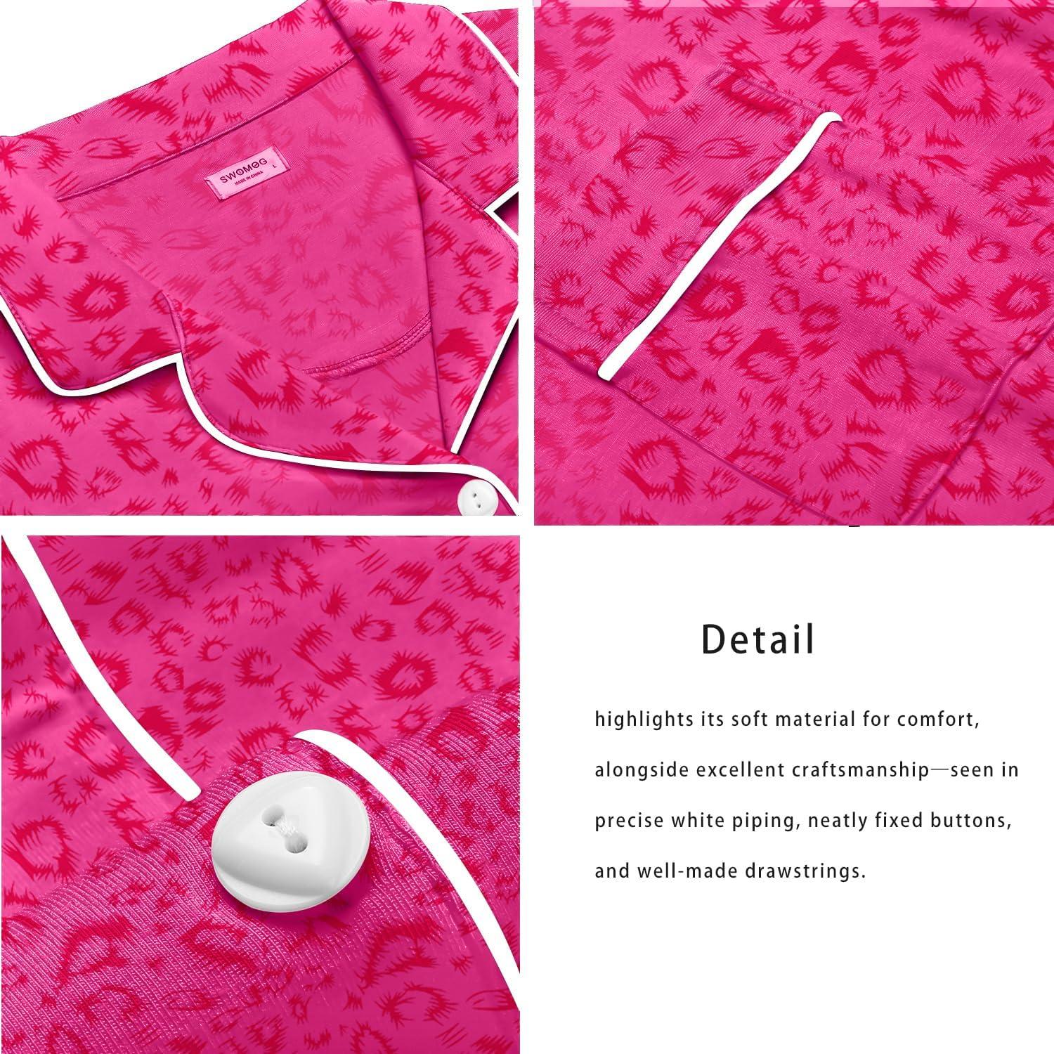 imageSWOMOG Womens Button Down Pajamas Set Short Sleeve Sleepwear Bride Soft Pj Lounge Sets XS3XLHot Pink Leopard