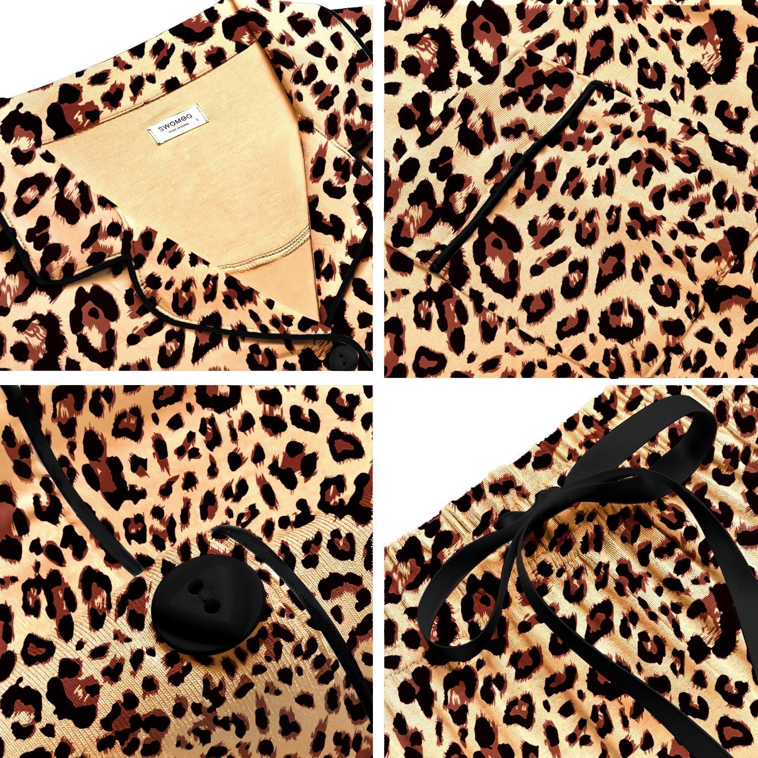 imageSWOMOG Womens Button Down Pajamas Set Short Sleeve Sleepwear Bride Soft Pj Lounge Sets XS3XLLeopard