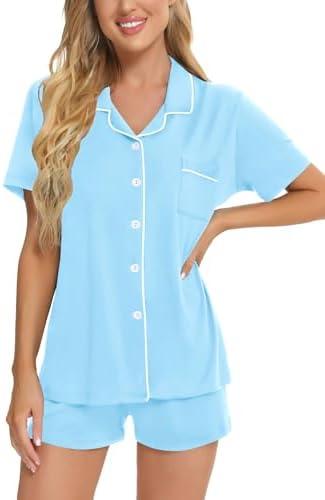 imageSWOMOG Womens Button Down Pajamas Set Short Sleeve Sleepwear Bride Soft Pj Lounge Sets XS3XLLight Blue