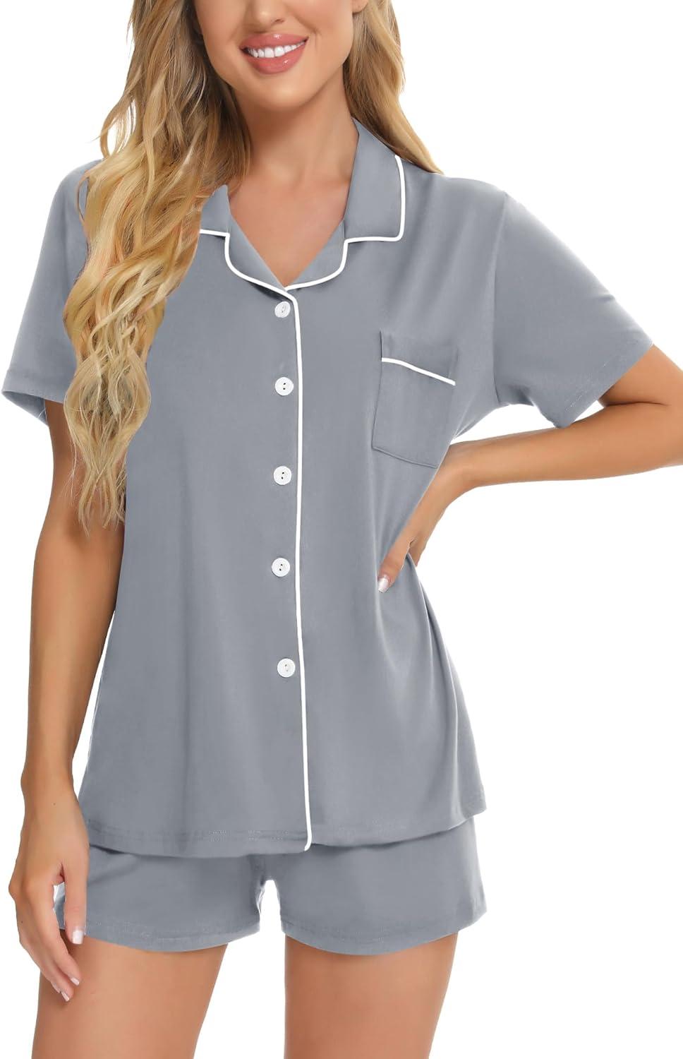 imageSWOMOG Womens Button Down Pajamas Set Short Sleeve Sleepwear Bride Soft Pj Lounge Sets XS3XLLight Grey