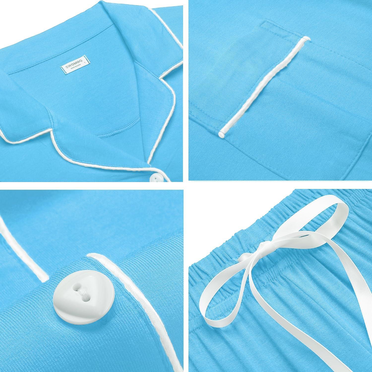 imageSWOMOG Womens Button Down Pajamas Set Short Sleeve Sleepwear Bride Soft Pj Lounge Sets XS3XLLight Sky Blue
